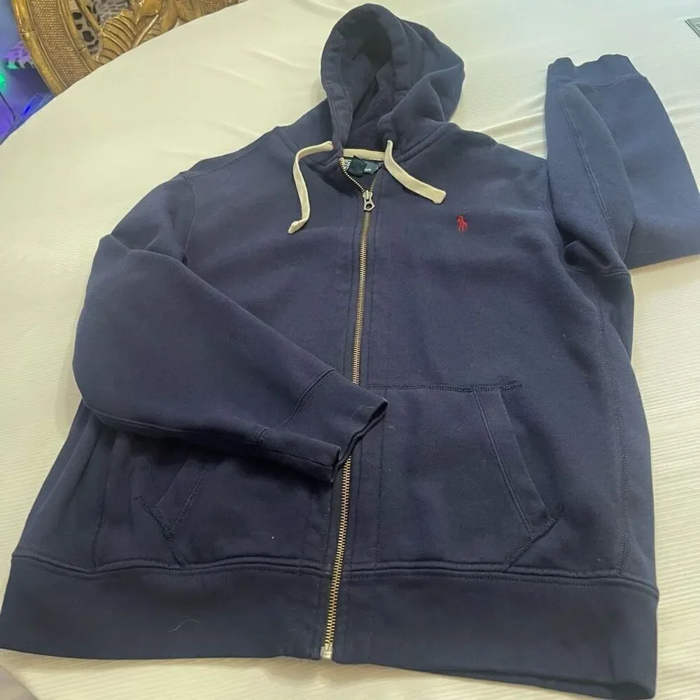 Polo Ralph Lauren Navy Blue Vintage Y2K Zip Up Jacket Hoodie Size XXL